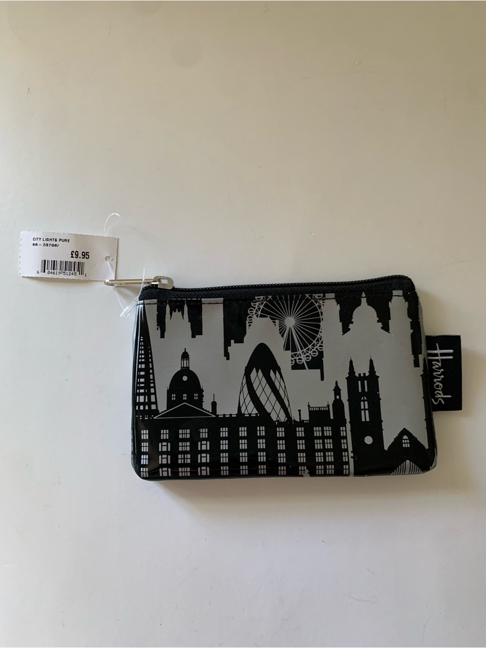 NWT Harrods London City Lights Small Zippered Pouch, Black / Silver, PVC